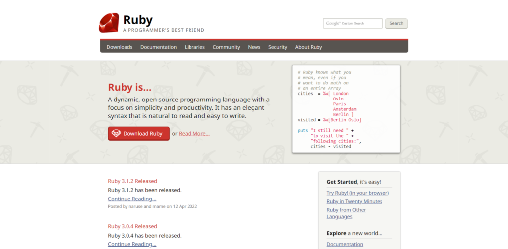 Ruby language landing page.