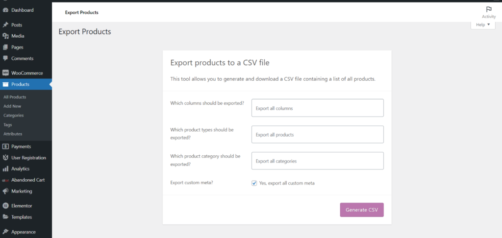 Export product data to CSV file