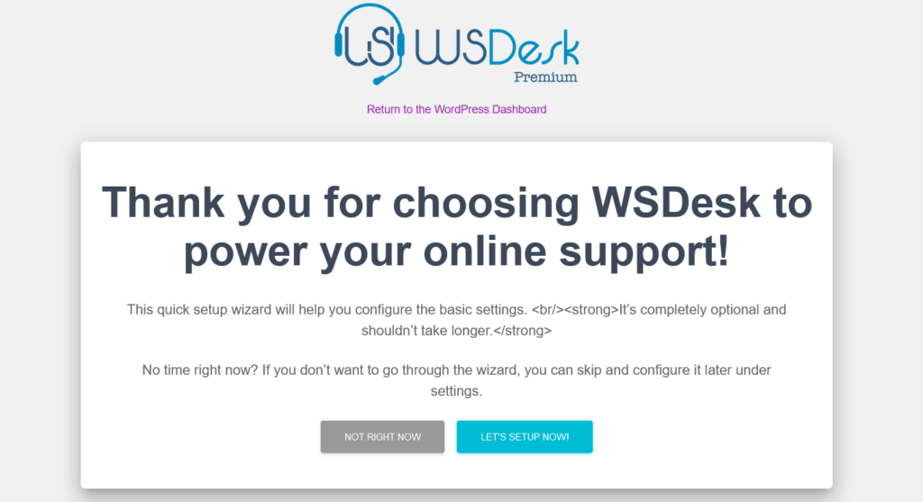 WSDesk Quick Setup Greetings Page
