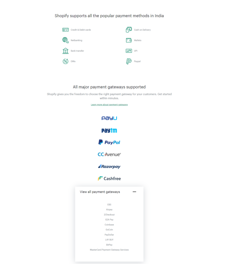 Shopify payment modes