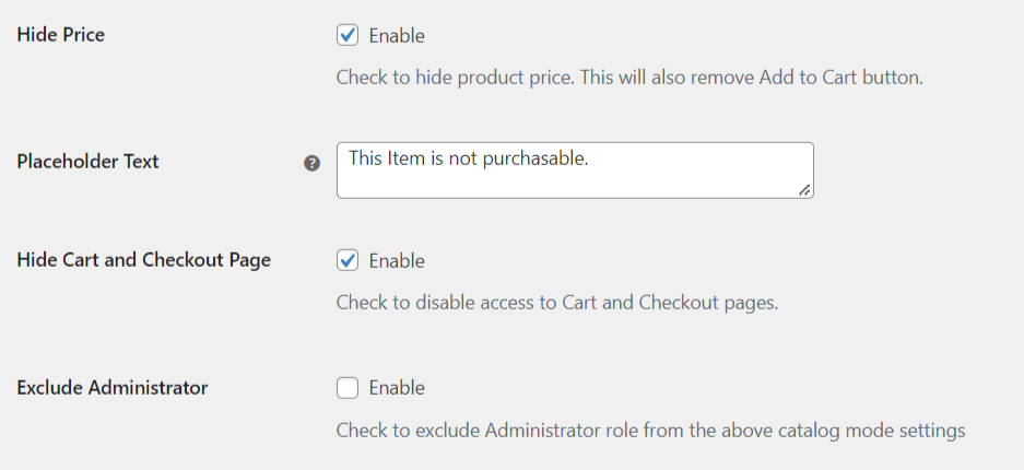 Enable Hide cart and checkout pages as well as hide price