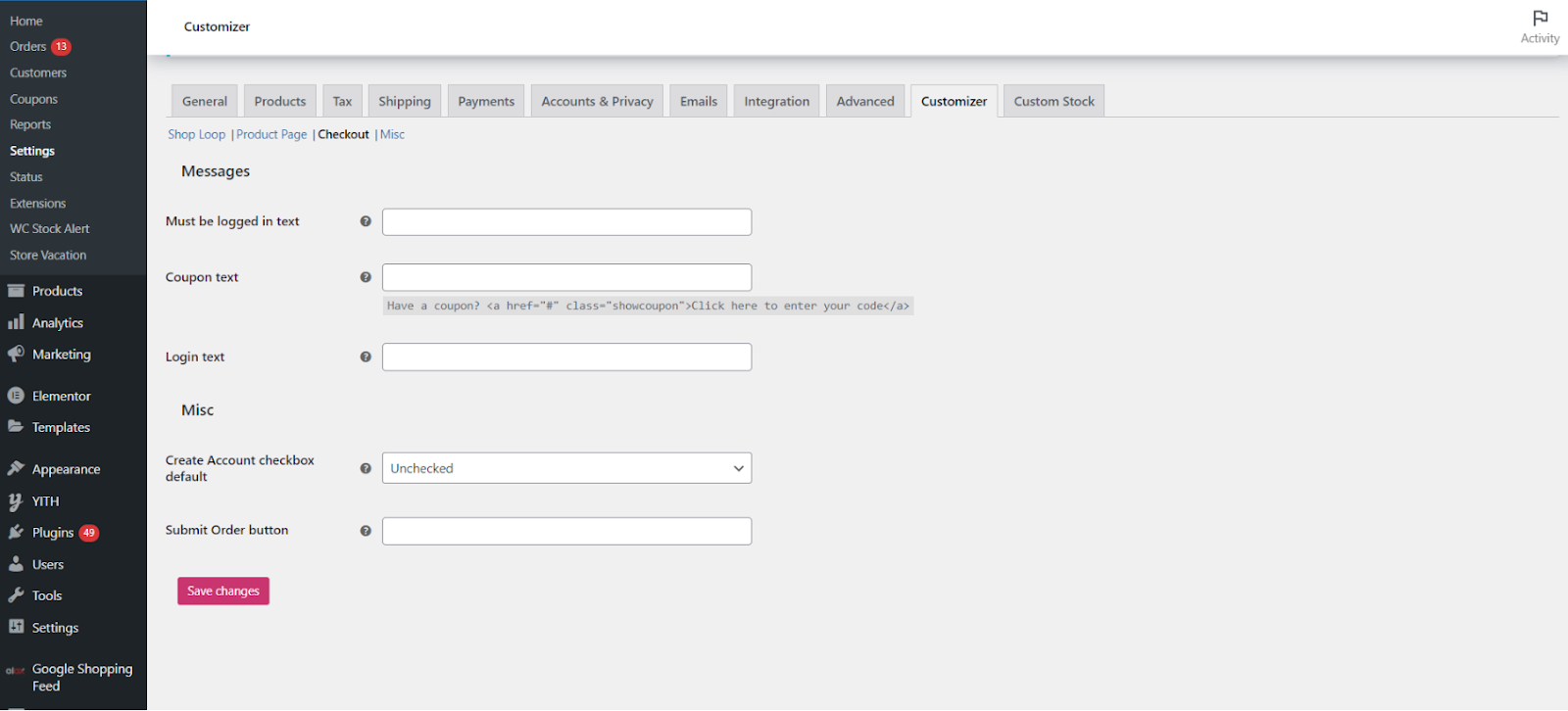 Checkout page settings in the plugin