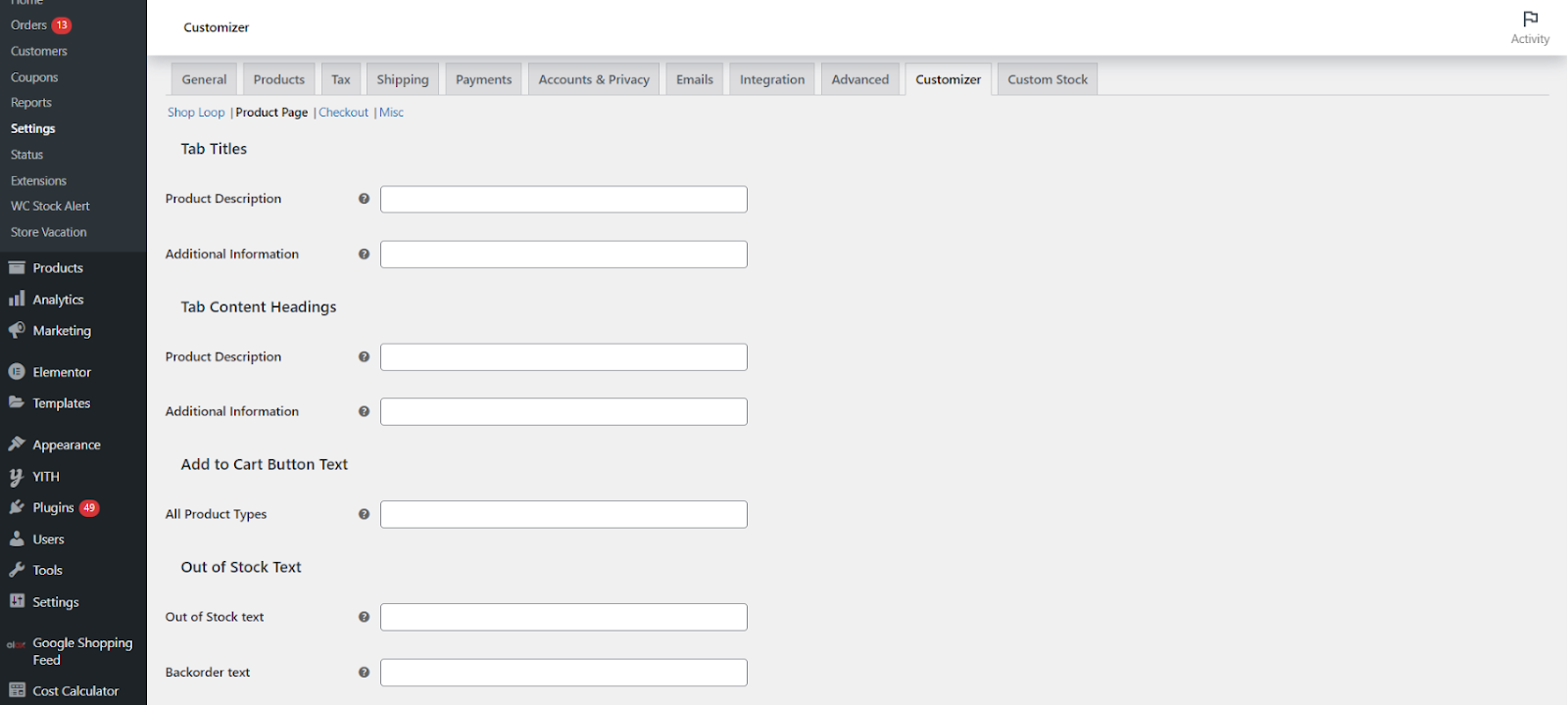 Porduct page settings in the plugin