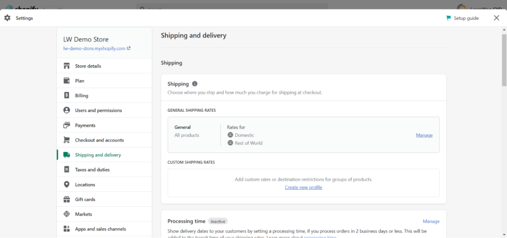 Shipping and Delivery settings