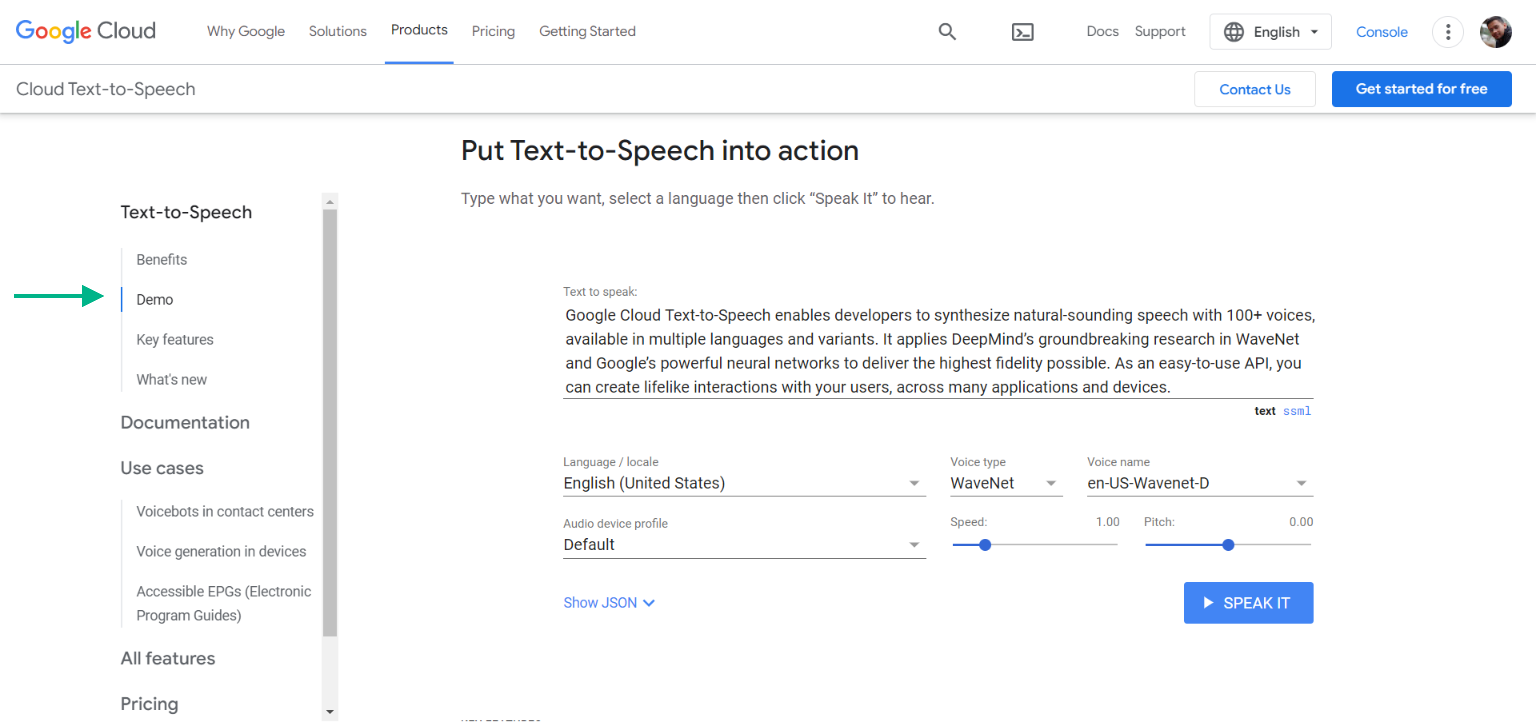 Text-to-Speech Demo settings