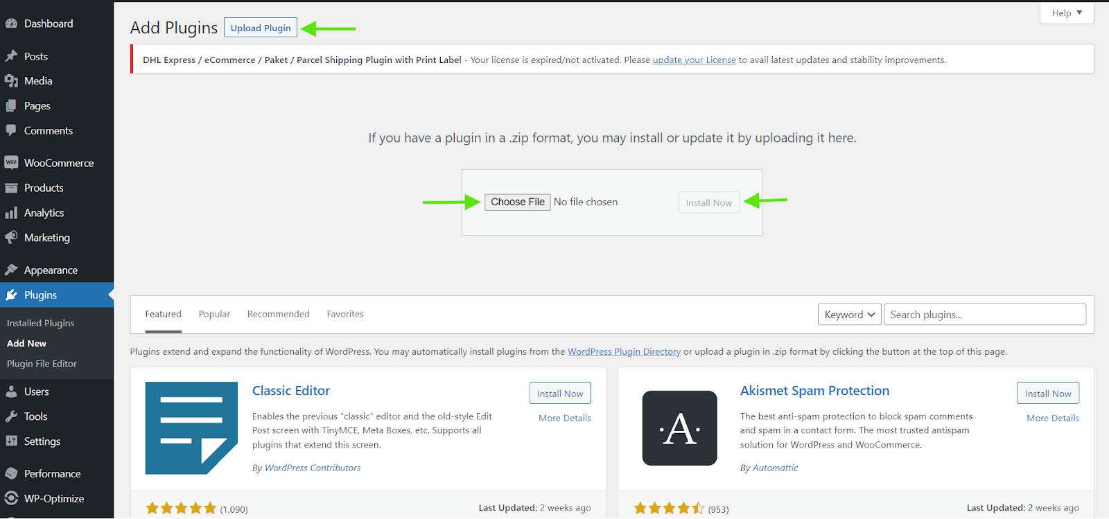 Uploading the plugin to your WordPress dashboard