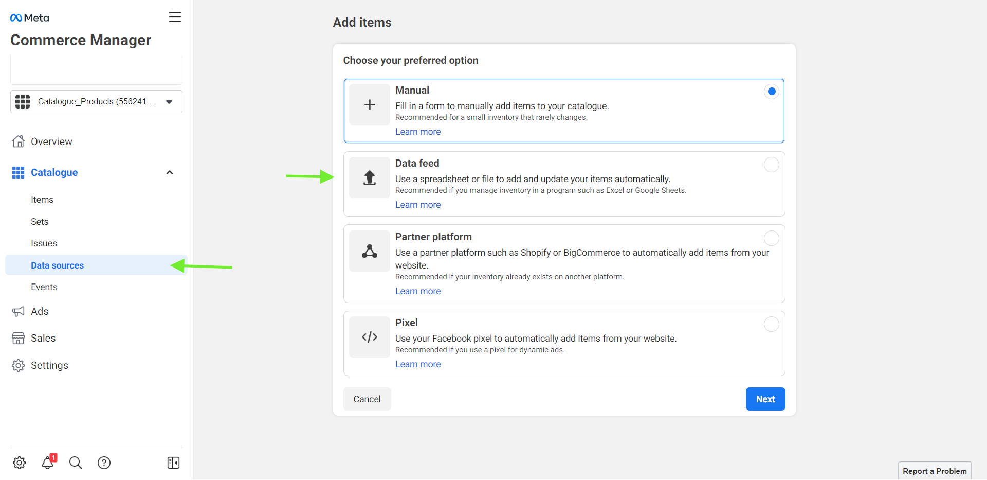 Using the Data Feed option in order to upload to Facebook feed