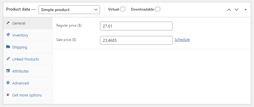 General tab for product data meta box