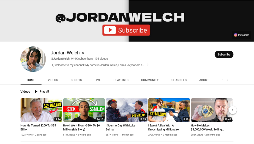 Shopify Dropshipping YouTube Channels - Jordan Welch