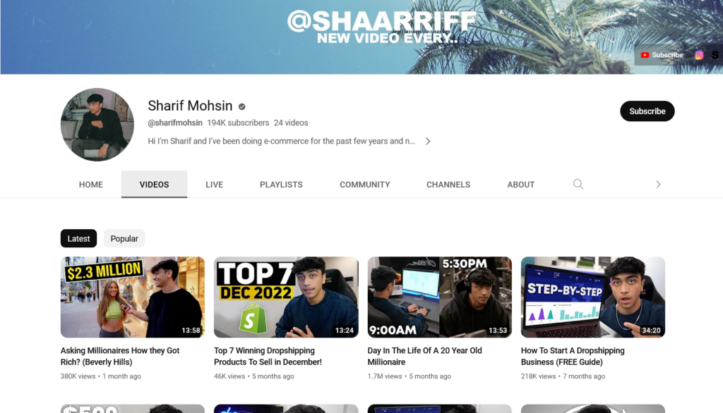 Shopify Dropshipping YouTube Channels - Sharif Mohsin