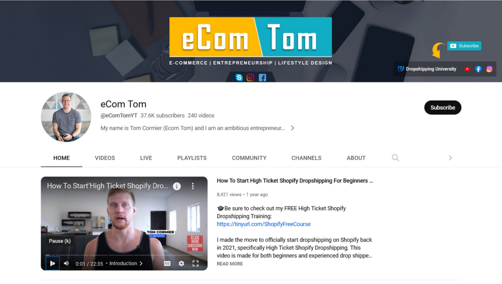 Shopify Dropshipping YouTube Channels - eCom Tom