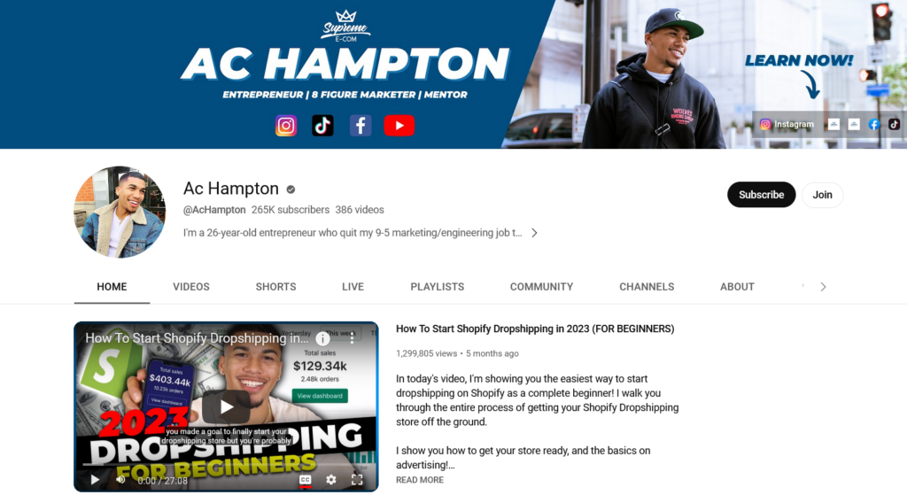 Shopify Dropshipping YouTube Channels - AC Hampton