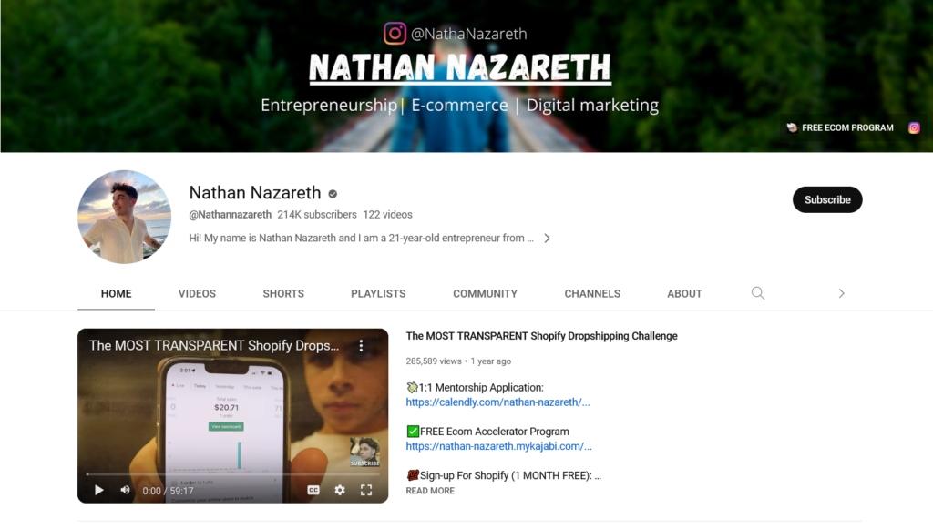Shopify Dropshipping YouTube Channels - Nathan Nazareth