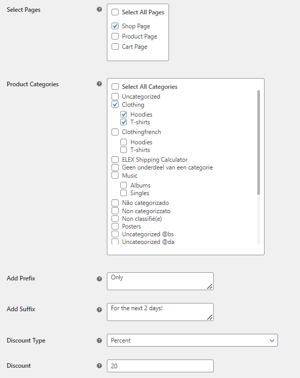 Select the pages and configure the product categories