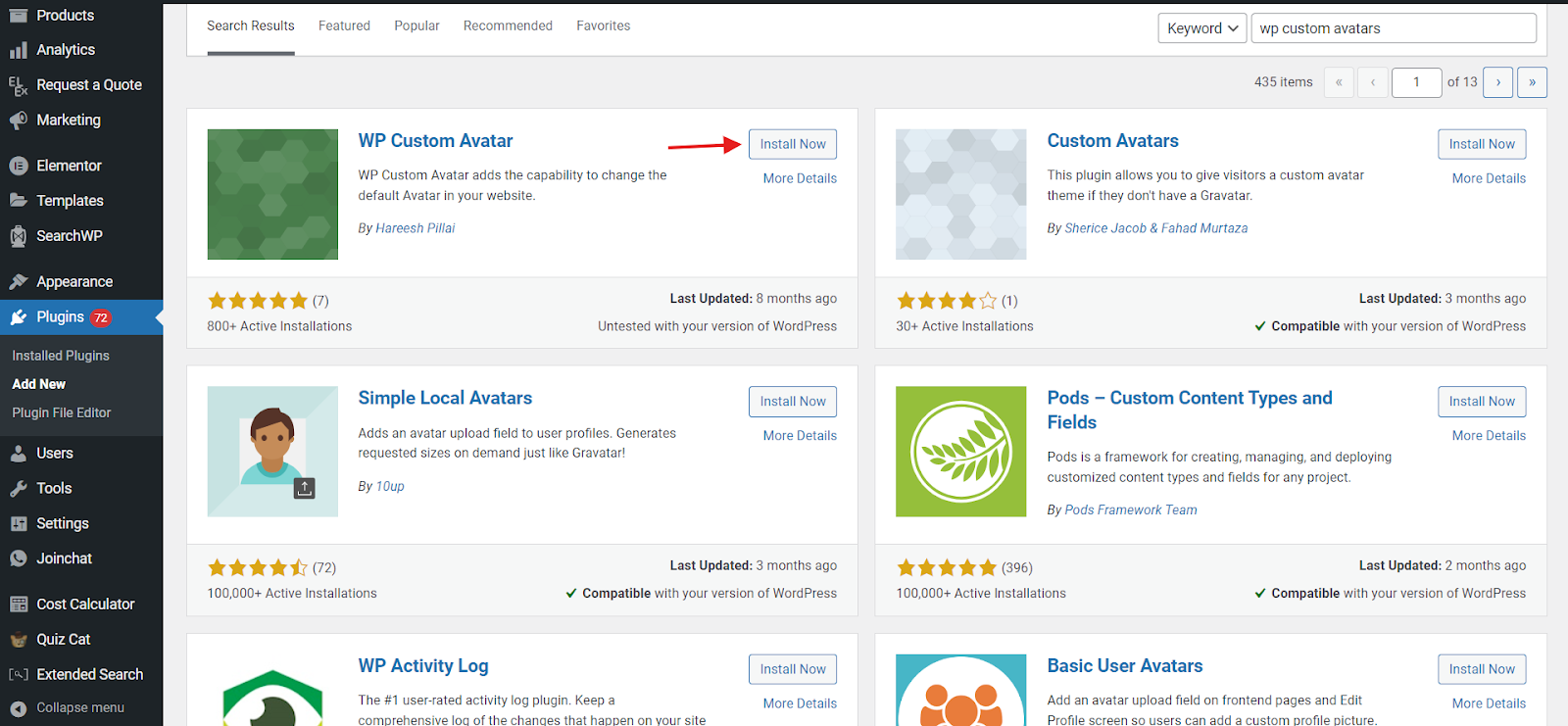 Installing and activating the WP Custom Avatars plugin