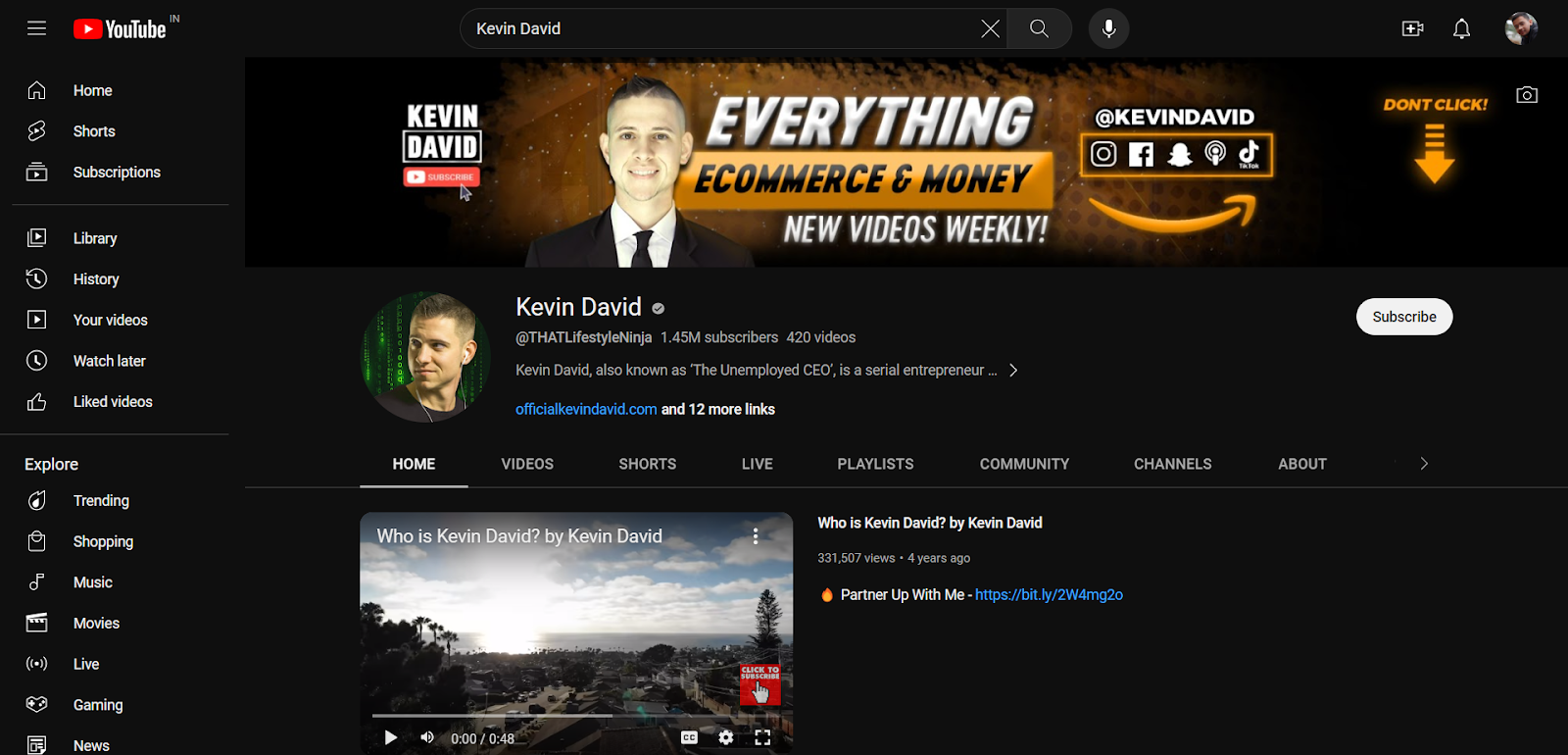 Kevin David's YouTube channel