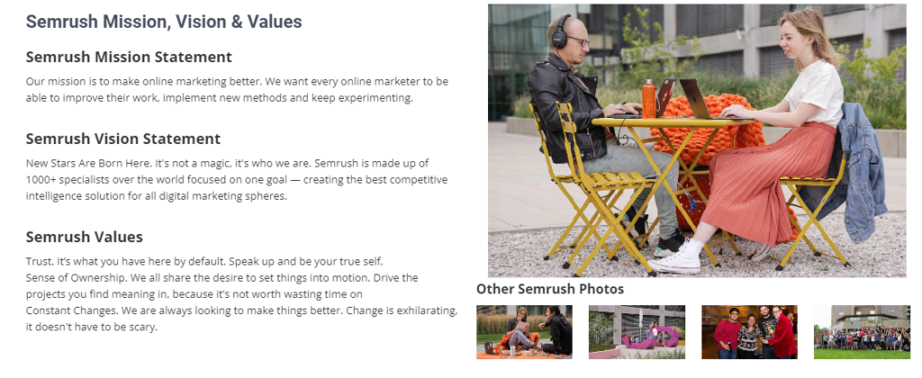SEMRush Mission, Vision and values