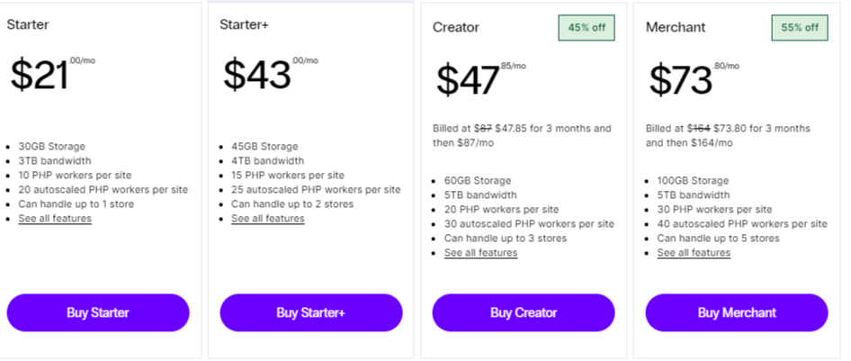 Pricing plans of Nexcess WooCommerce managed hosting