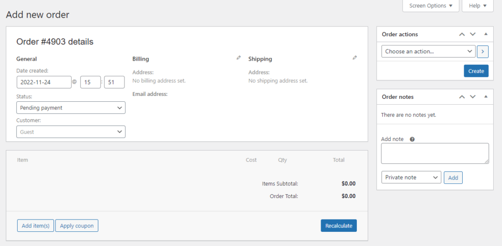 Adding new order in Woocommerce