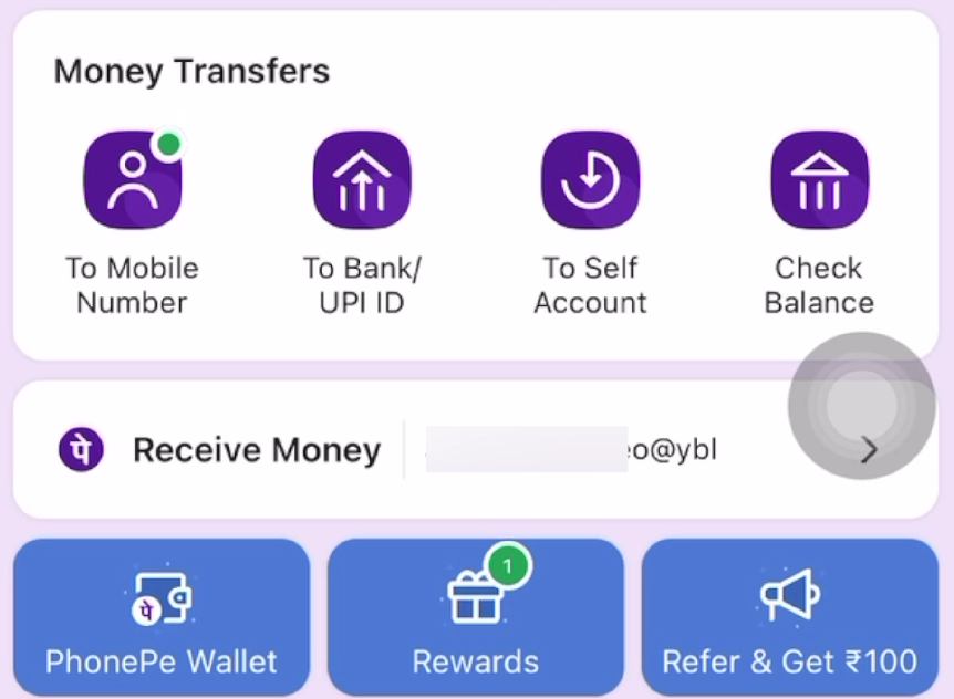 Finding UPI ID in PhonePe homepage