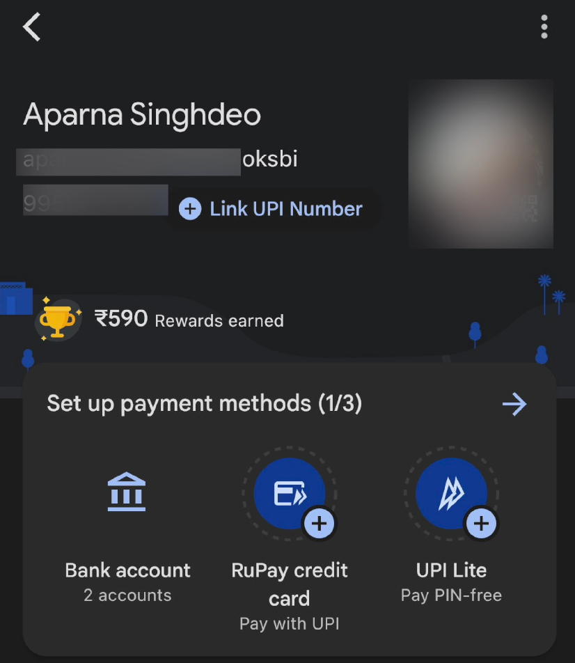 Finding UPI ID in Google Pay Profile settings page