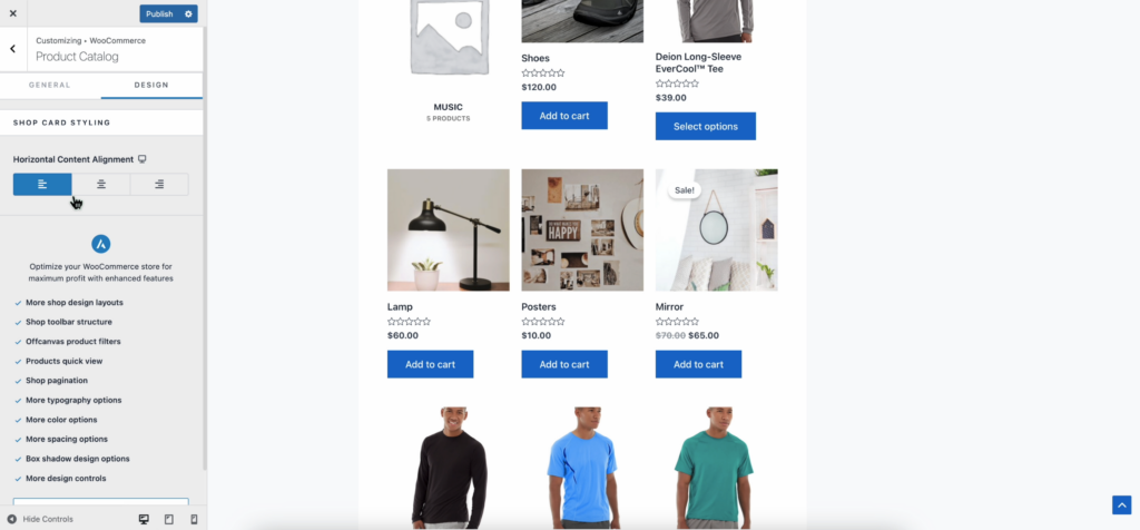 Shop card styling settings to customize the alignment of content on your shop page