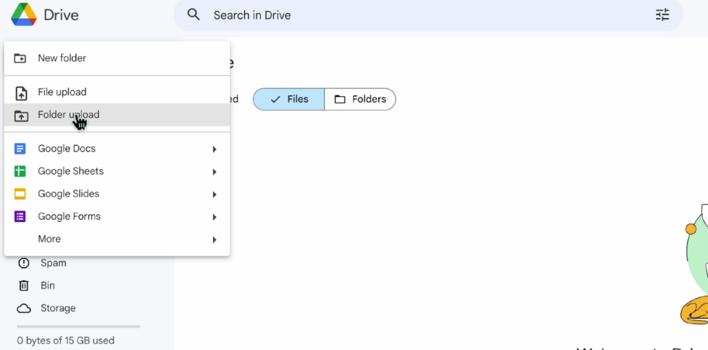Upload your site folder to new google drive account