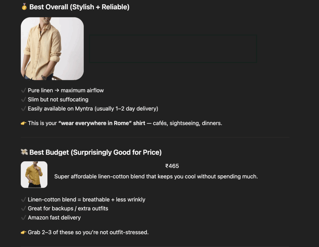 AI Shopping showing possible options 