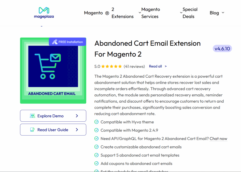 Mageplaza Abandoned Cart Email Magento Extensions page
