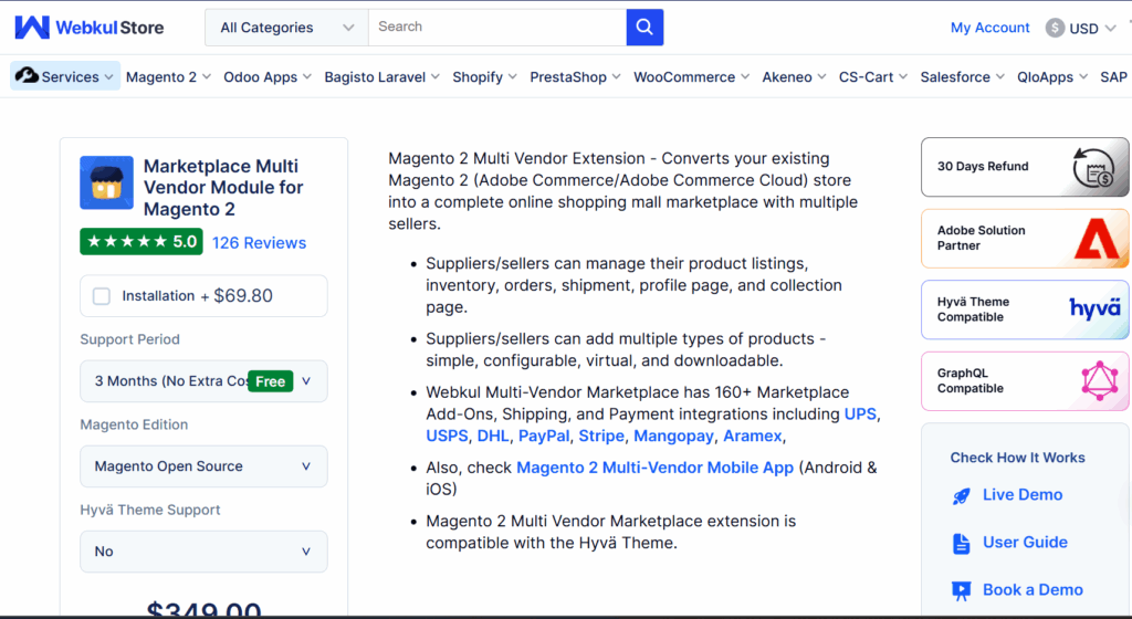 Webkul Marketplace Extension page