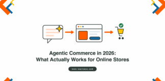Illustration of an AI assistant passing a shopper to a store product page and then to the store’s own checkout