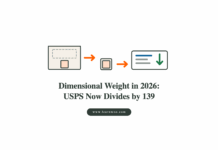 Dimensional Weight in 2026: USPS Now Divides by 139 (and Your Boxes Are Too Big) Illustration of an oversized parcel being repacked into a snug box, lowering the shipping label cost, with the headline Dimensional Weight in 2026: USPS Now Divides by 139
