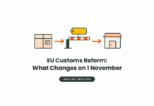 Flat illustration of a parcel passing a customs barrier with a fee tag before reaching a storefront, titled EU Customs Reform: What Changes on 1 November