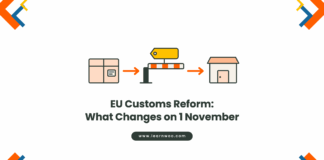 Flat illustration of a parcel passing a customs barrier with a fee tag before reaching a storefront, titled EU Customs Reform: What Changes on 1 November