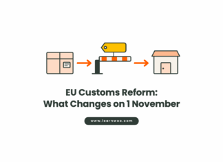 Flat illustration of a parcel passing a customs barrier with a fee tag before reaching a storefront, titled EU Customs Reform: What Changes on 1 November