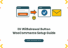 Illustration of the EU withdrawal button flow: a store page with a withdrawal button, an arrow to a confirmation screen with a checkmark, an email acknowledgement envelope, and a 14-day badge.