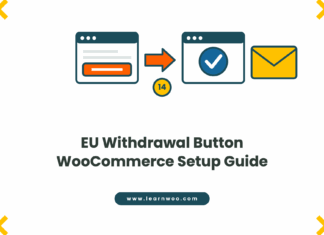 The EU Withdrawal Button Is Live: What WooCommerce Stores Must Do Now Illustration of the EU withdrawal button flow: a store page with a withdrawal button, an arrow to a confirmation screen with a checkmark, an email acknowledgement envelope, and a 14-day badge.