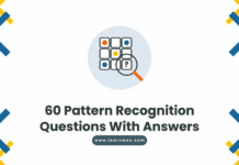 60 Pattern Recognition Questions With Answers - a three by three grid of coloured shapes with a magnifying glass over the missing piece
