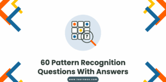 60 Pattern Recognition Questions With Answers - a three by three grid of coloured shapes with a magnifying glass over the missing piece