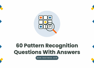 60 Pattern Recognition Questions With Answers (Number, Letter & Shape Series) 60 Pattern Recognition Questions With Answers - a three by three grid of coloured shapes with a magnifying glass over the missing piece