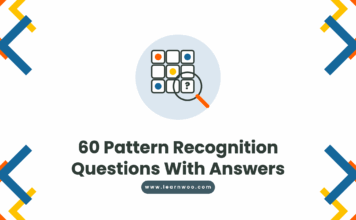 60 Pattern Recognition Questions With Answers - a three by three grid of coloured shapes with a magnifying glass over the missing piece
