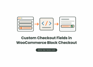 How to Add Custom Checkout Fields to WooCommerce Block Checkout Flat vector illustration of a checkout form gaining a new field, a PHP code block, and the value saved on the order record