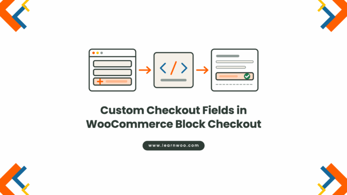 Flat vector illustration of a checkout form gaining a new field, a PHP code block, and the value saved on the order record