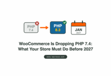 WooCommerce Is Dropping PHP 7.4: What Your Store Must Do Before January 2027 PHP 7.4 badge marked with a red cross, an arrow to a PHP 8.3 badge with a green tick, and a January 2027 calendar