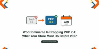 PHP 7.4 badge marked with a red cross, an arrow to a PHP 8.3 badge with a green tick, and a January 2027 calendar