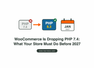 PHP 7.4 badge marked with a red cross, an arrow to a PHP 8.3 badge with a green tick, and a January 2027 calendar