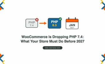PHP 7.4 badge marked with a red cross, an arrow to a PHP 8.3 badge with a green tick, and a January 2027 calendar
