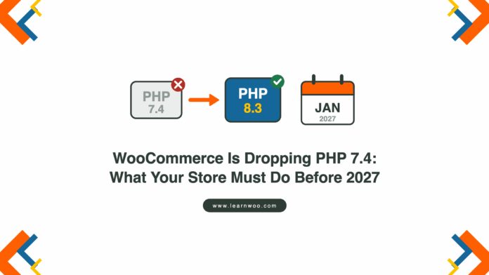 PHP 7.4 badge marked with a red cross, an arrow to a PHP 8.3 badge with a green tick, and a January 2027 calendar