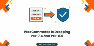 Illustration showing PHP 7.4 and PHP 8.0 struck through on a version card, an orange arrow pointing to PHP 8.4, and a blue shield with a white check mark, above the title WooCommerce Is Dropping PHP 7.4 and PHP 8.0.