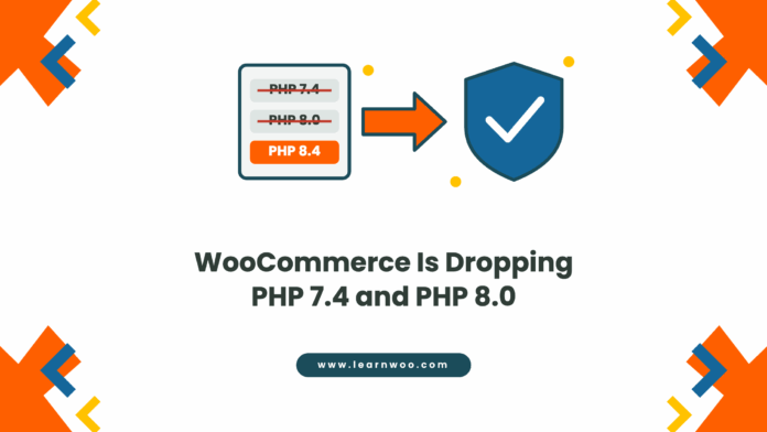 WooCommerce is dropping PHP 7.4 and PHP 8.0 Illustration showing PHP 7.4 and PHP 8.0 struck through on a version card, an orange arrow pointing to PHP 8.4, and a blue shield with a white check mark, above the title WooCommerce Is Dropping PHP 7.4 and PHP 8.0.